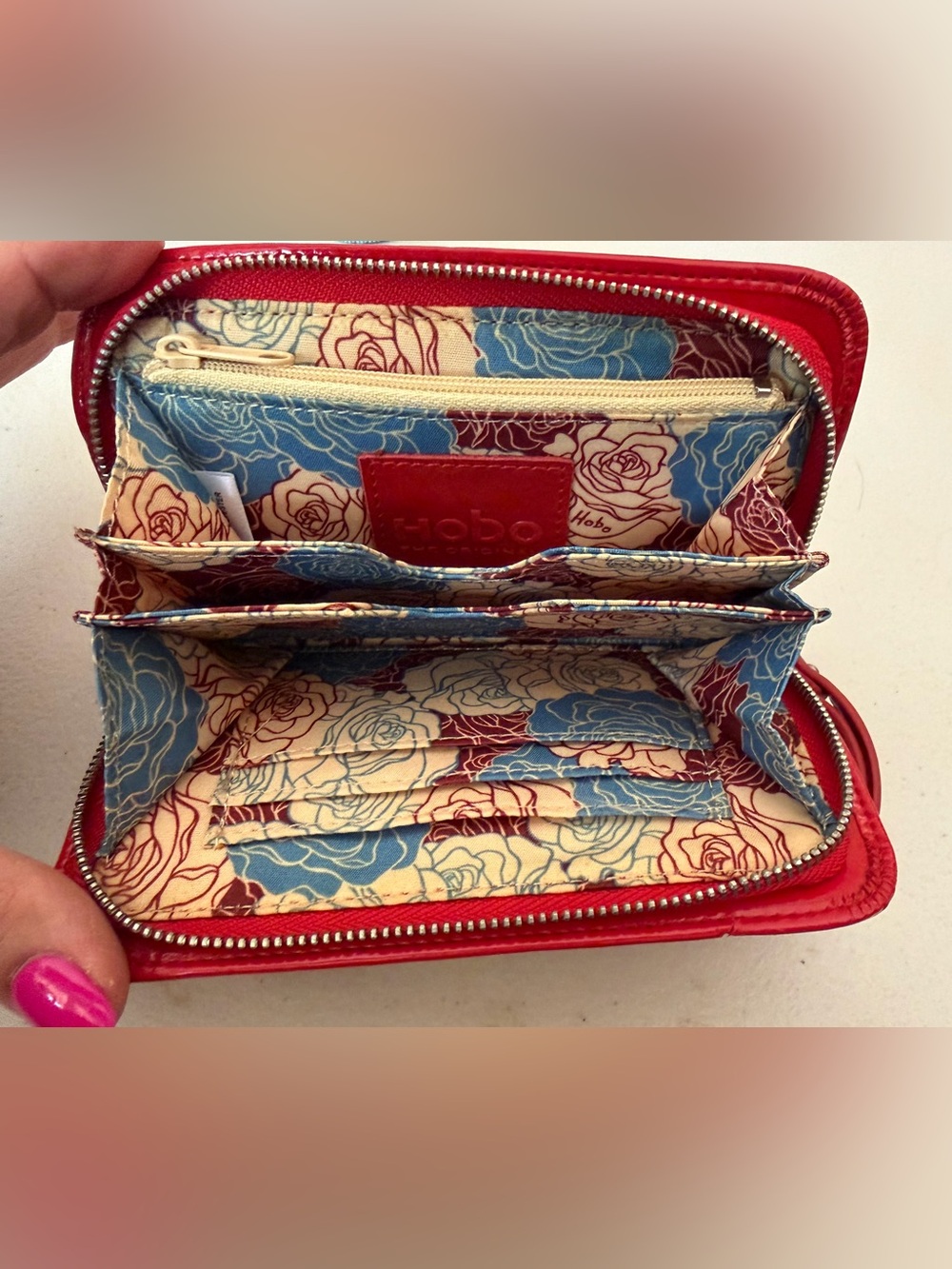 HOBO Red Wallet with Blue and Cream Floral Lining